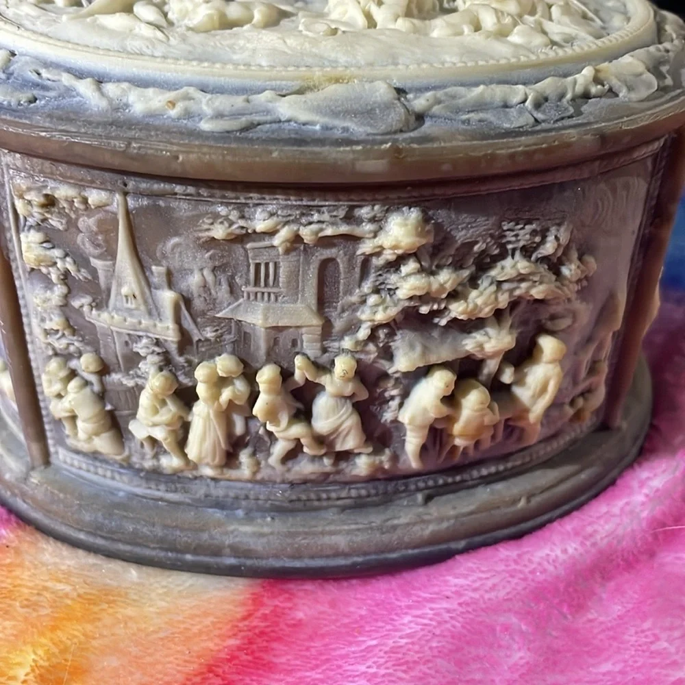 Vintage Incolay stone La Vie village scene  jewelry box